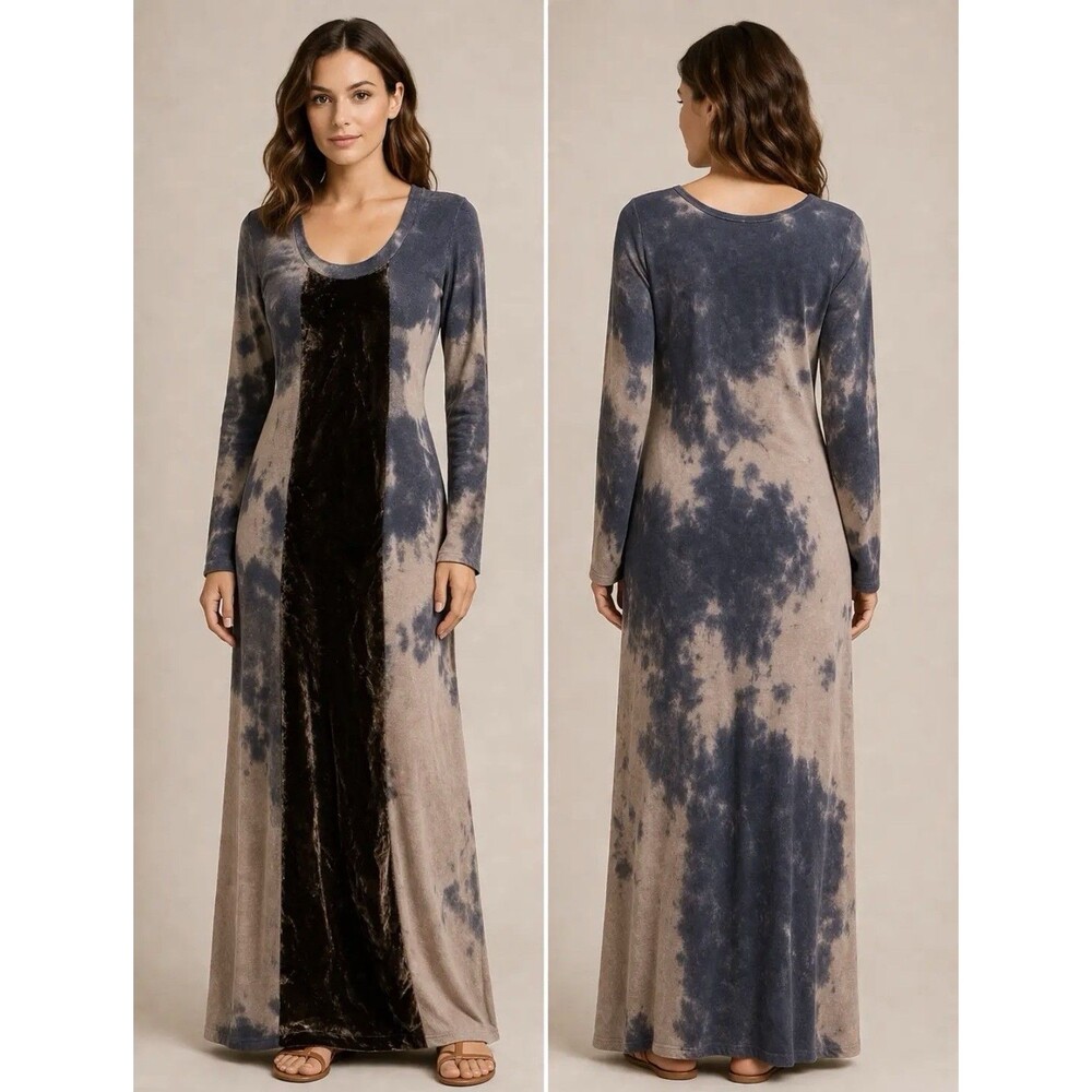 XCVI Tie-die Brown Velvet Panel Maxi Dress Women's Size S Lagenlook Artsy GUC